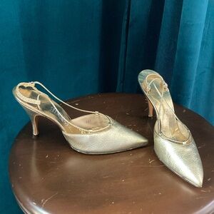 Vintage Gold Sexy Strap Kitten Heel Skinny Pumps, by Connie, size 5-6
